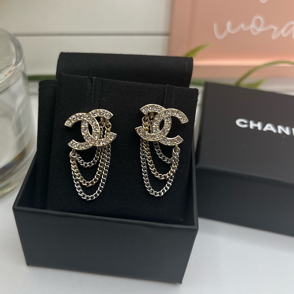 CHANEL Jewelry - CHANEL CC Crystal Gold Chain Drop Earrings - AUTH